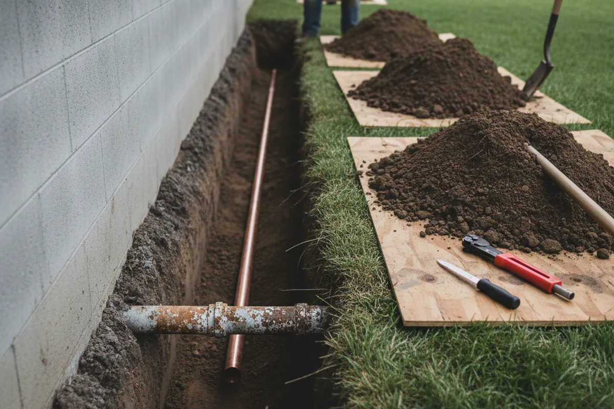 Excavated water line trench during Water Heater Repair in Nixa
